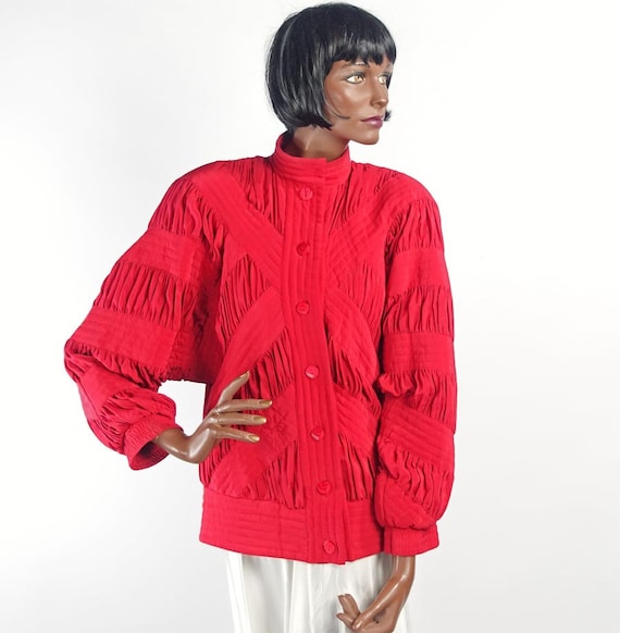 Vintage 80s Red Silk Quilted Bomber Style Jacket … - image 3