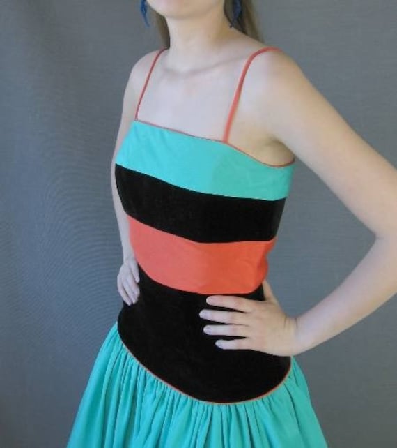 Vintage 80s Full Skirt Party Dress Orange Green B… - image 3