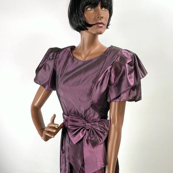 80s Vintage Purple Taffeta Party Dress Sarong Style Skirt Lanz VFG