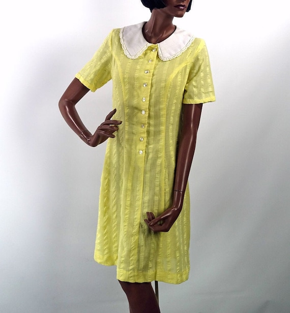 60s Vintage Yellow Day Dress Seersucker Oversize C