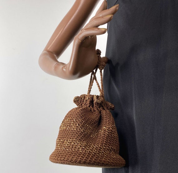 40s 50s Crocheted Corde Drawstring Bucket Bag Bro… - image 2