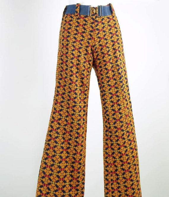 Vintage 70s Argyle Plaid Knit Bellbottom Pants XS