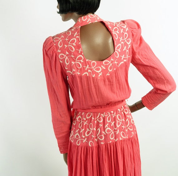 80s Vintage Pink Cotton Gauze Dress Drop Waist Em… - image 5