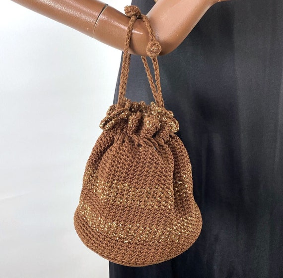 40s 50s Crocheted Corde Drawstring Bucket Bag Bro… - image 1