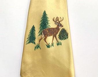 Vintage 40s Neck Tie Painted Deer Yellow Satin Naive Primitive VFG