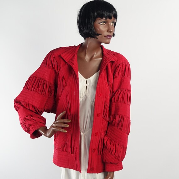 Vintage 80s Red Silk Quilted Bomber Style Jacket … - image 2