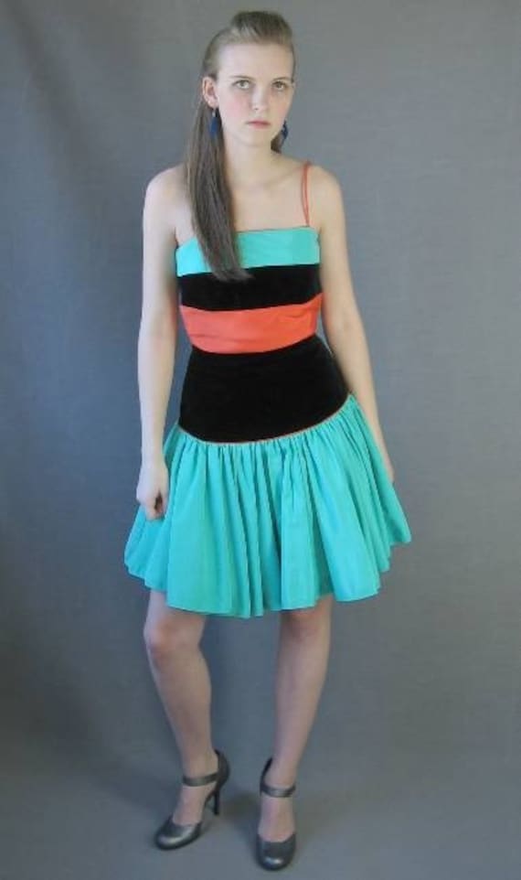 Vintage 80s Full Skirt Party Dress Orange Green B… - image 2