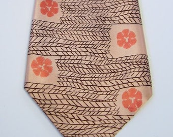 40s Pink Satin Wide Vintage Neck Tie Pastel Floral Geometric Print VFG