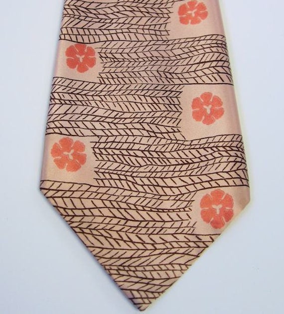 40s Pink Satin Wide Vintage Neck Tie Pastel Flora… - image 1