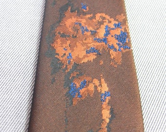 Vintage 60s Neck Tie Brown Satin Orange Goth Chaos Print VFG