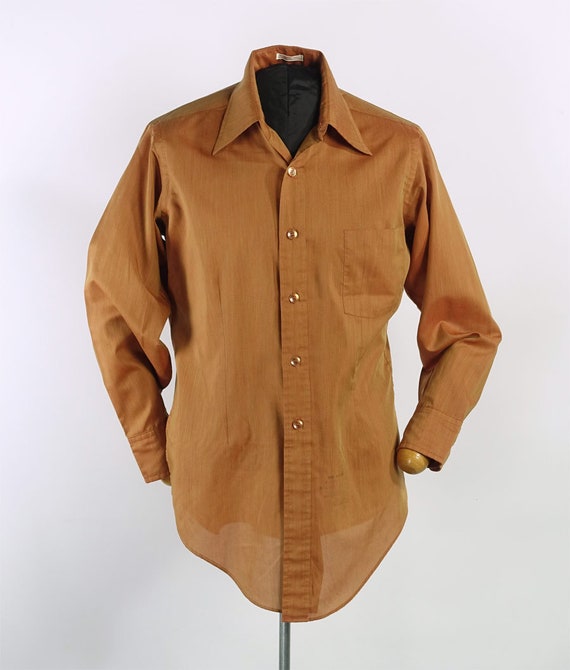 Vintage 60s 70s Mens Fitted Shirt Orange Sharkski… - image 5