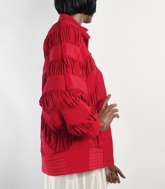 Vintage 80s Red Silk Quilted Bomber Style Jacket … - image 4