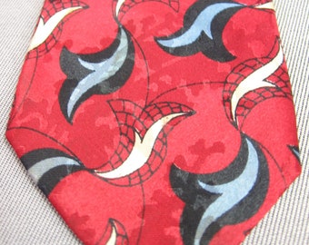 40s 50s Vintage Silk Neck Tie Red White Blue Stylized Fish & Net Print Spider Web Croydon Cravat VFG