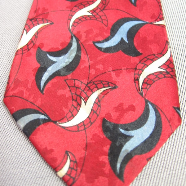 40s 50s Vintage Silk Neck Tie Red White Blue Stylized Fish & Net Print Spider Web Croydon Cravat VFG