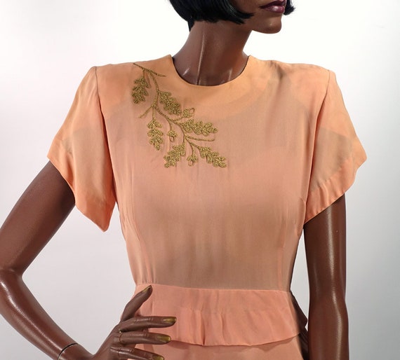 Vintage 40s Peplum Dress Pink Peach Braid Embellis