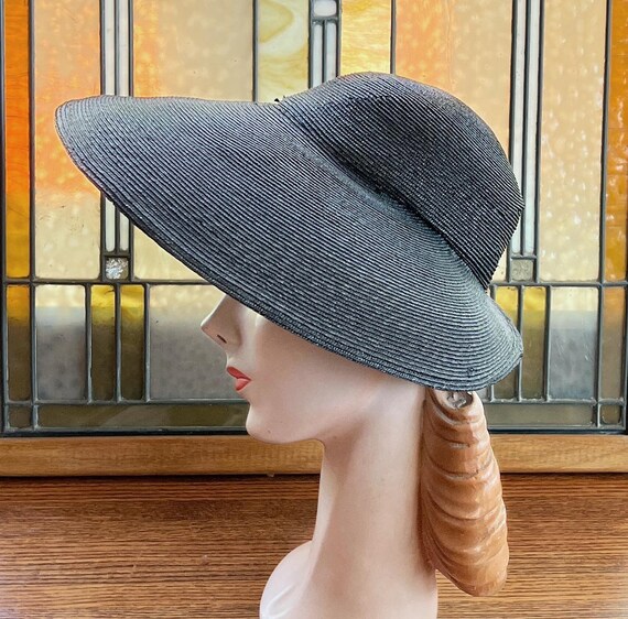 30s 40s Wide Brimmed Straw Platter Hat Black VFG - image 4