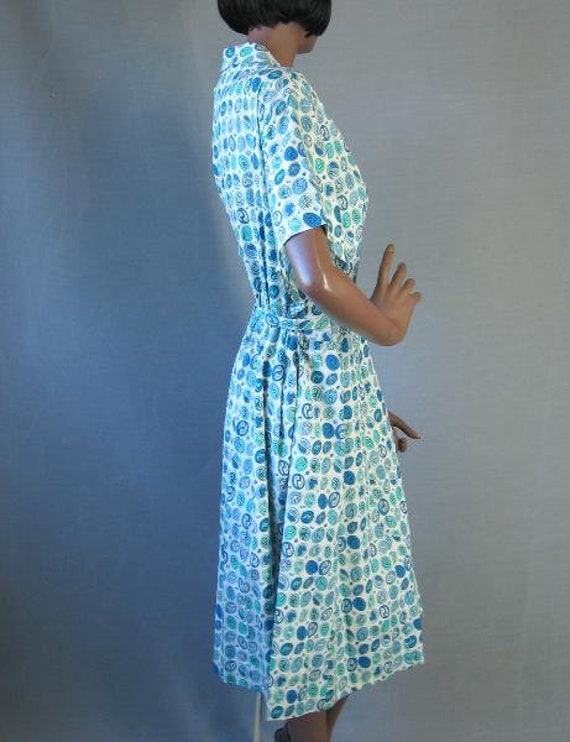 50s Day to Party Dress Vintage Print Turquoise Ne… - image 5