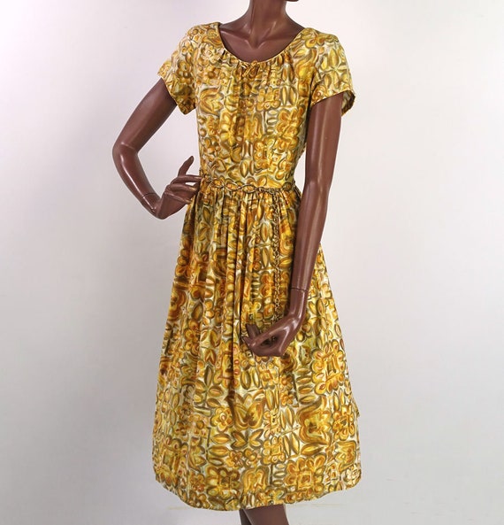 50s 60s Day Dress Autumn Colors Print Full Skirt L