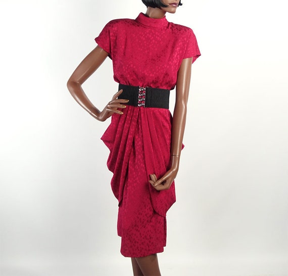 80s Vintage 40s Style Draped Cocktail Dress Fuschi