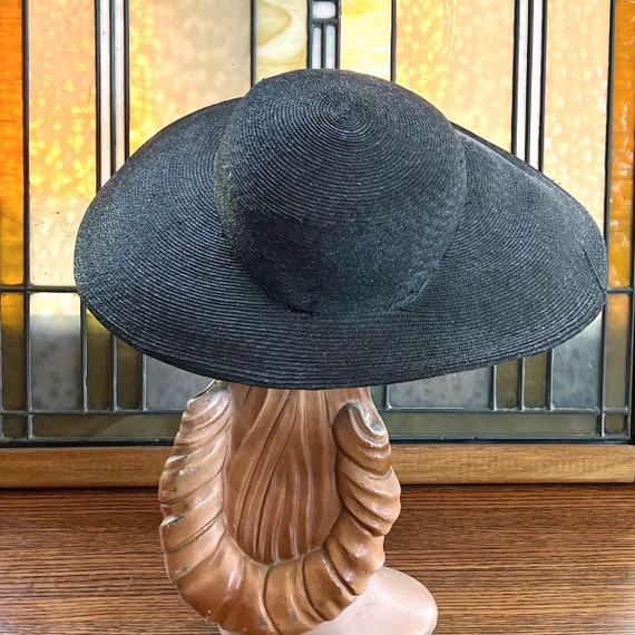 30s 40s Wide Brimmed Straw Platter Hat Black VFG - image 2