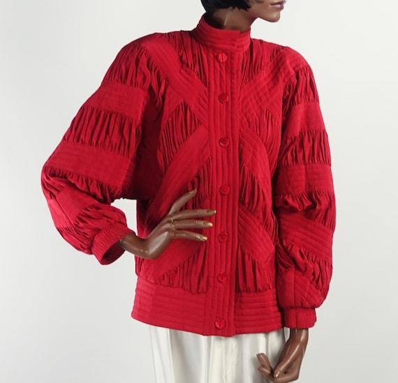 Vintage 80s Red Silk Quilted Bomber Style Jacket … - image 5