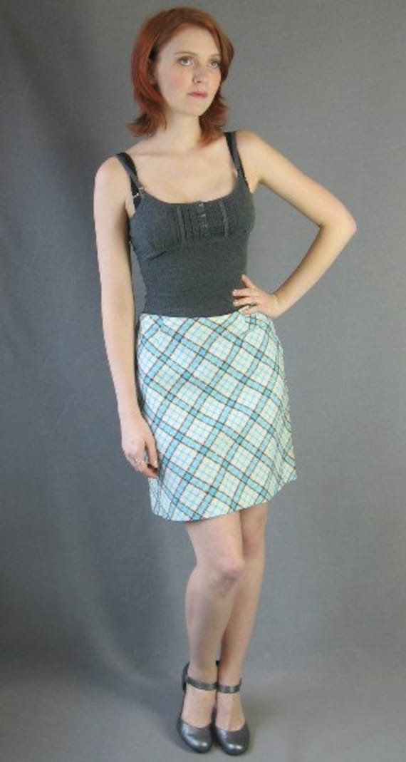 70s Plaid Mini Skirt Vintage A-line 1970s Diagonal