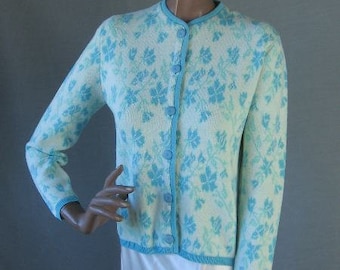 60s Sweater Vintage Cardigan Feminine Intarsia Floral Patterned Blue Small Medium Smartwear VFG