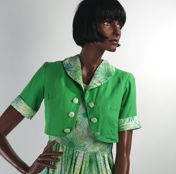 Vintage 50s Floral Print Dress & Bolero Outfit Med