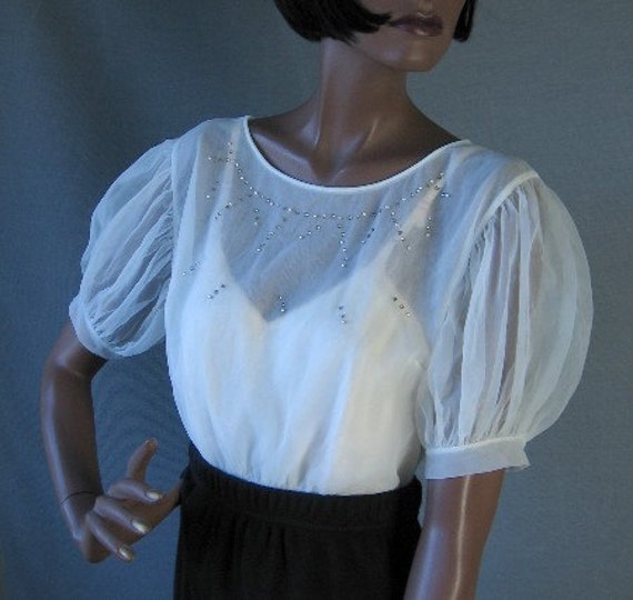 50s Sheer White Blouse Vintage Rhinestones Pearls… - image 3