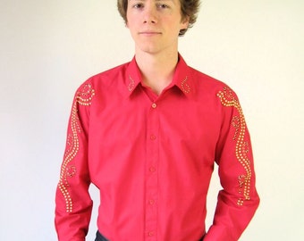 80s Western Shirt Vintage Red Rhinestone Cowboy Embellished Medium VFG Lucasini