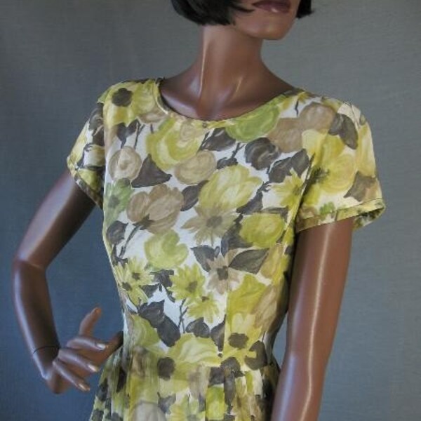 60s Vintage Day Dress Full Skirt Harvest/Earth Colors Floral M