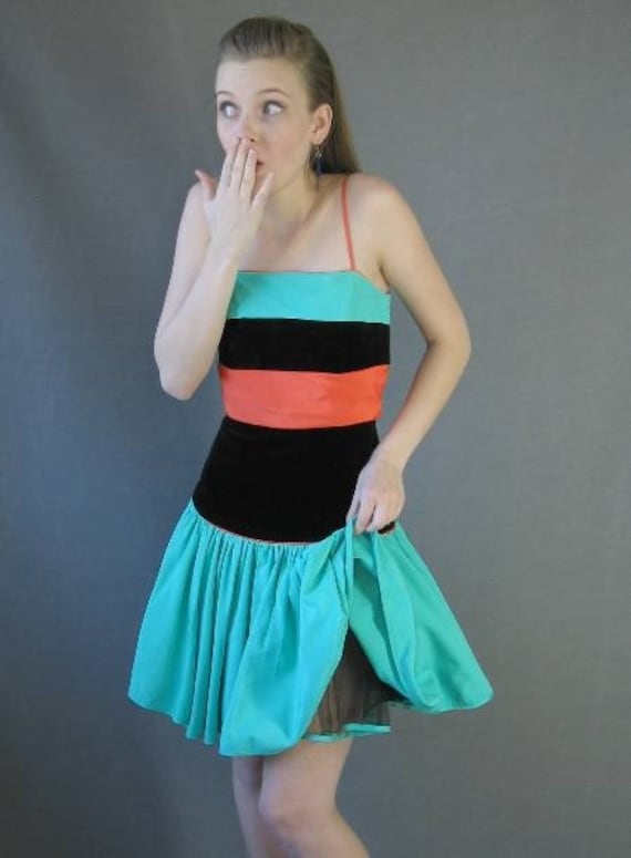 Vintage 80s Full Skirt Party Dress Orange Green B… - image 5