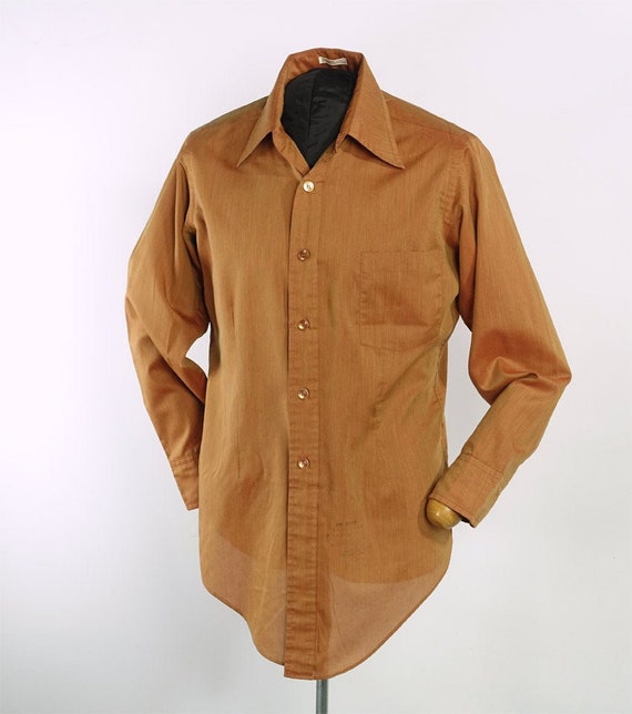 Vintage 60s 70s Mens Fitted Shirt Orange Sharkski… - image 1