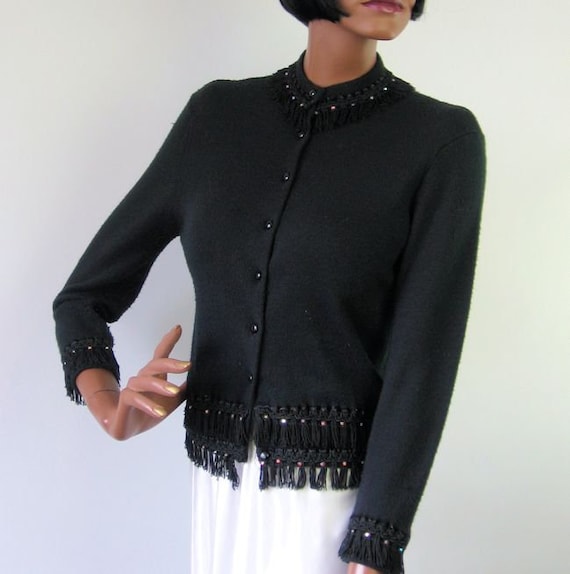 50s 60s Vintage Cardigan Sweater Black Rhinestone… - image 2