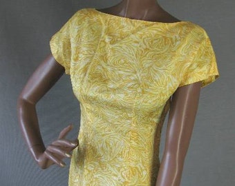 50s Wiggle Dress Vintage 1950s Cropped Jacket Sunny Yellow Print Extra Small to Small VFG