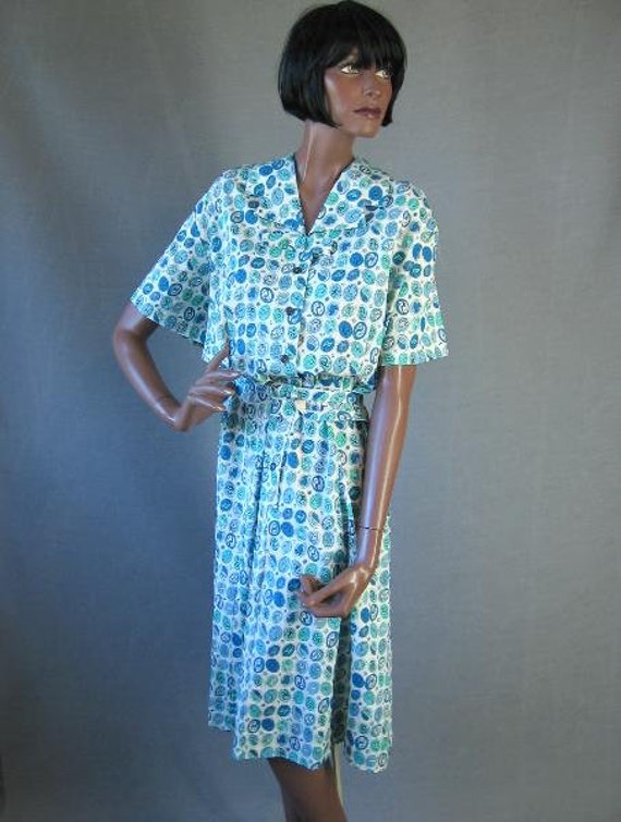 50s Day to Party Dress Vintage Print Turquoise Ne… - image 4