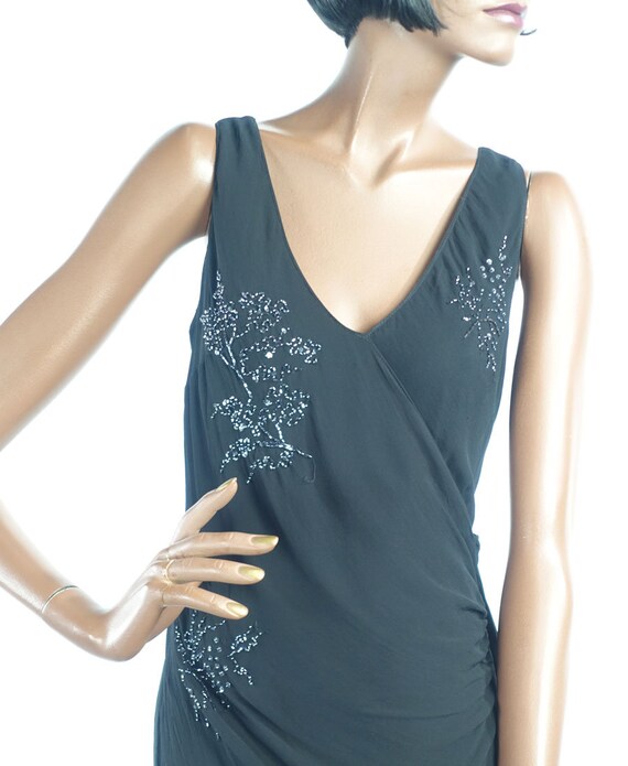 80s Vintage 30s Style Black Beaded Evening Gown B