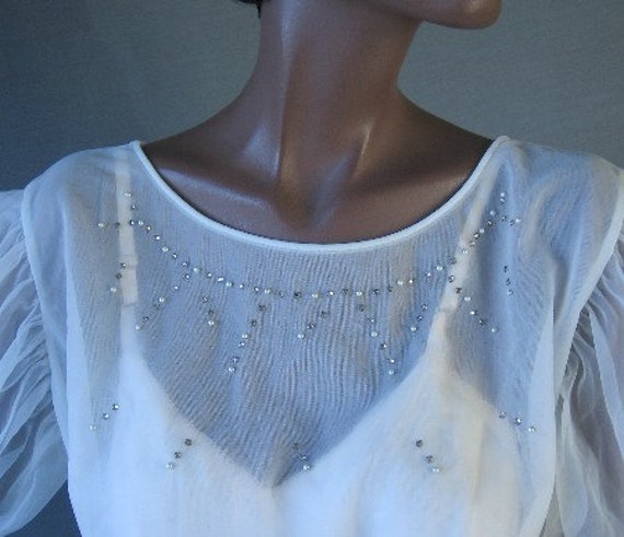 50s Sheer White Blouse Vintage Rhinestones Pearls… - image 1