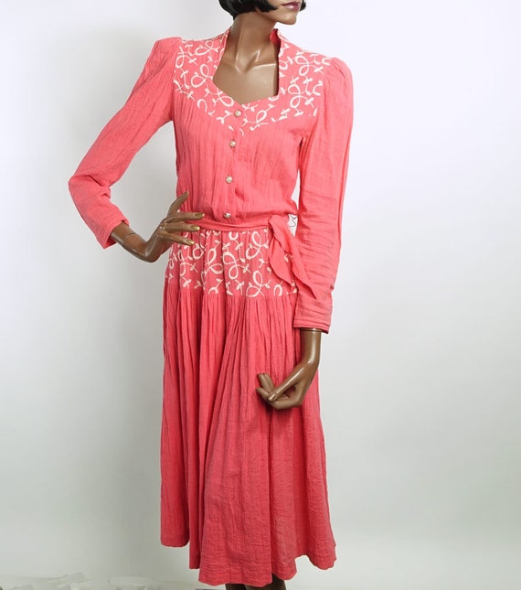 80s Vintage Pink Cotton Gauze Dress Drop Waist Em… - image 2