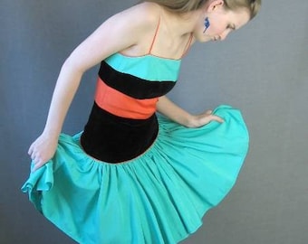 Vintage 80s Full Skirt Party Dress Orange Green Black 50s Small Barboglio VFG