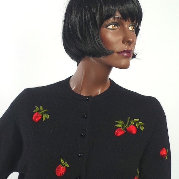 Vintage 50s Black Cardigan Sweater Strawberries