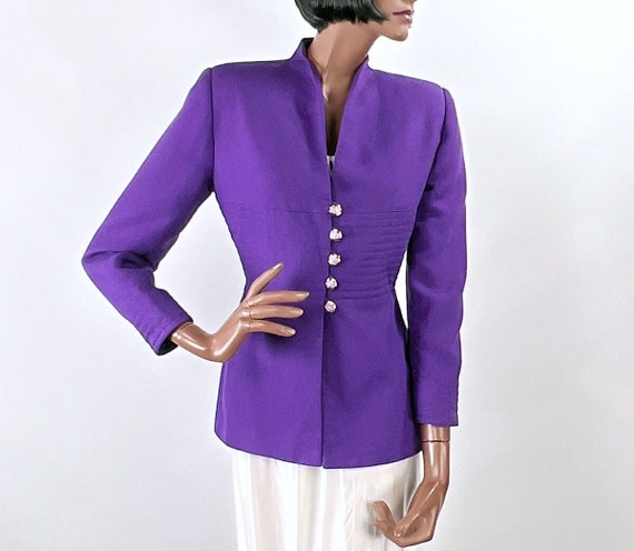 Vintage 80s Purple Designer Suit Jacket Strong Sh… - image 1