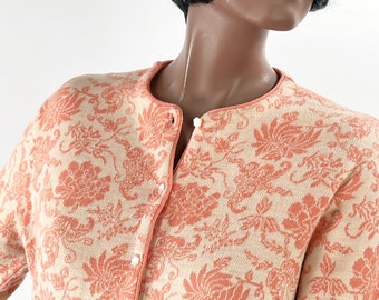 50s 60s Vintage Cardigan Sweater Pink & White Floral Jacquard Jantzen VFG