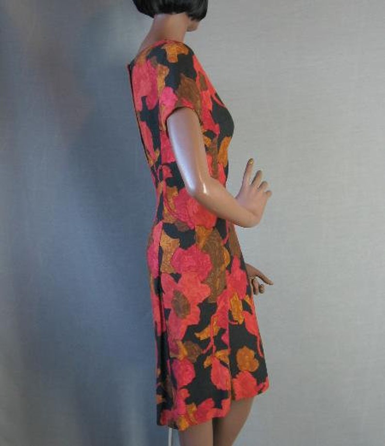 50s 60s Vintage Sheath Dress Georgia Bullock Red Print Wiggle Small VFG image 6