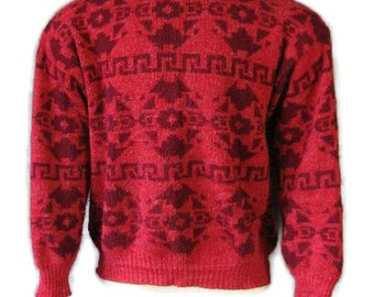 70s Sweater Vintage 1970s Red Maroon Mens Native American Motif Medium VFG