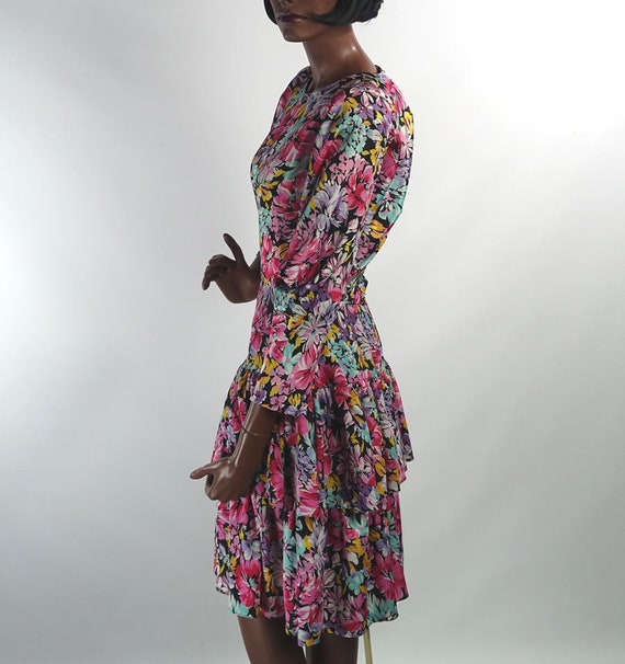 80s Vintage Floral Print Dress Dramatic Tiered Sk… - image 6