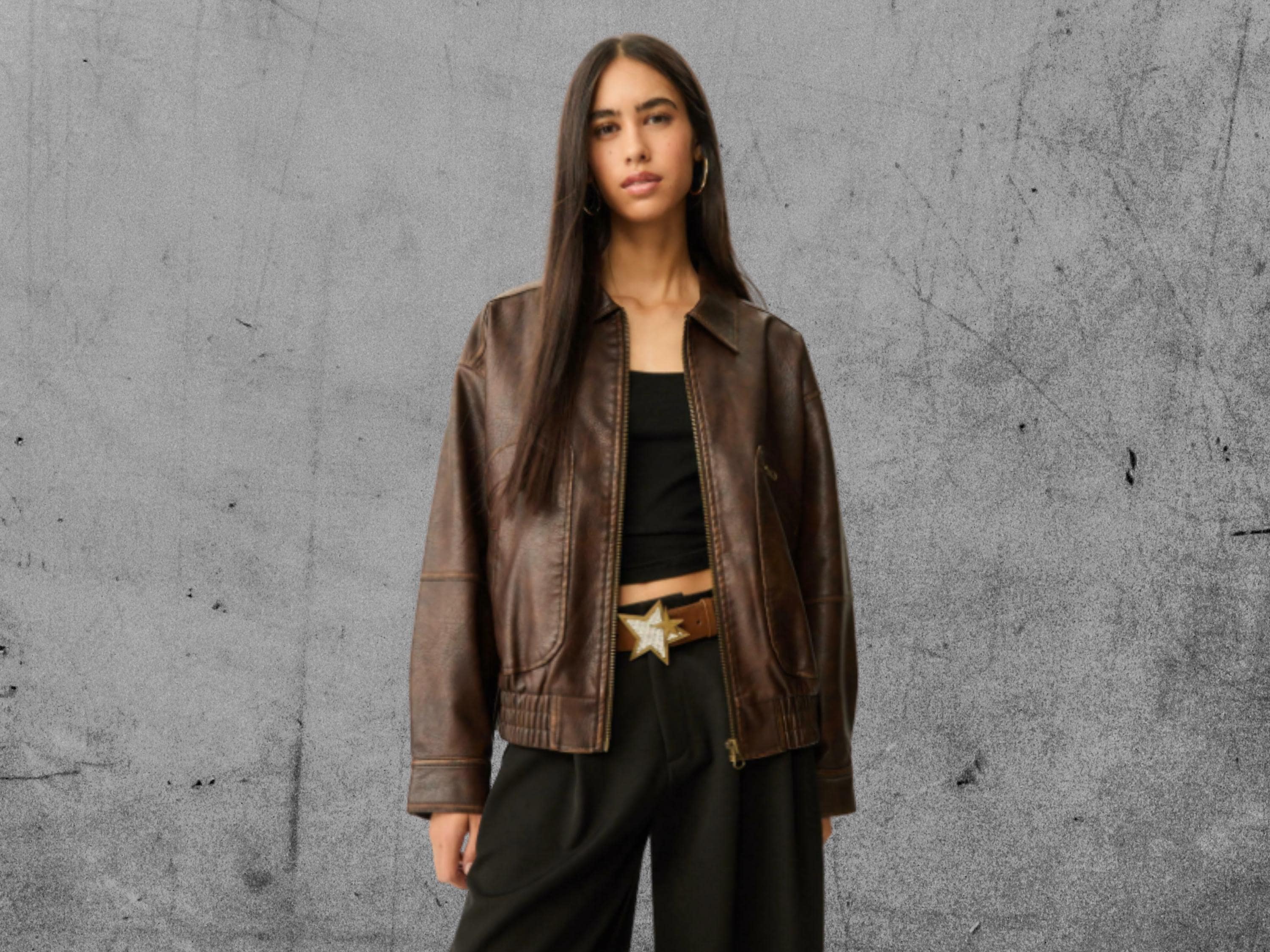 オーバーサイズブラウンレザージャケット、ターンダウンカラー