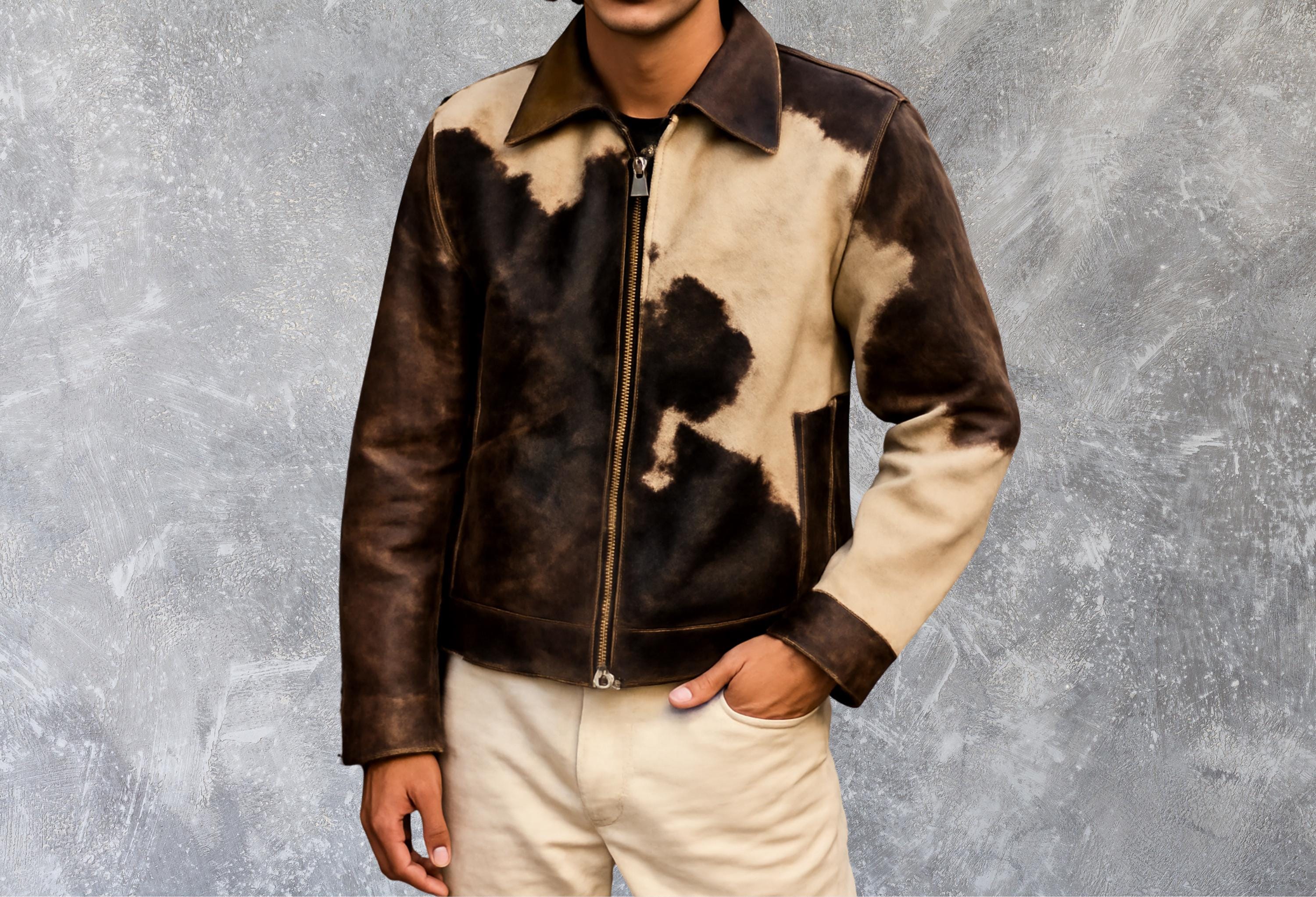 HERRINGBONE MELTON×COW HIDE JACKET Men's Genuine Cowhide Hair-on Hide Leather Jacket Western Style
