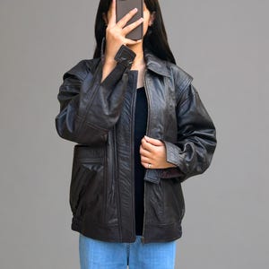 Women Classic black Leather Bomber jacket, Oversized Straight Cut Sheep Leather Jacket. 90s Leather jacket, Ladies Soft Boxy leather jacket