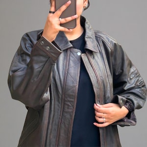 Vintage 80s Chocolate Brown Leather Bomber Jacket: Oversized Sheep Leather